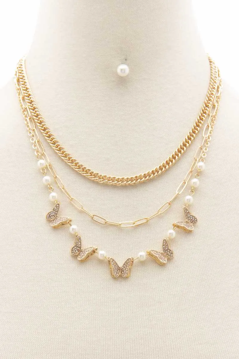 Butterfly Charm Oval Link Layered Necklace_