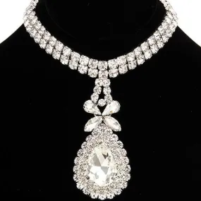 Callie Teardrop Diamond: Large Rhinestone Crystal Bling Pave Silver Choker