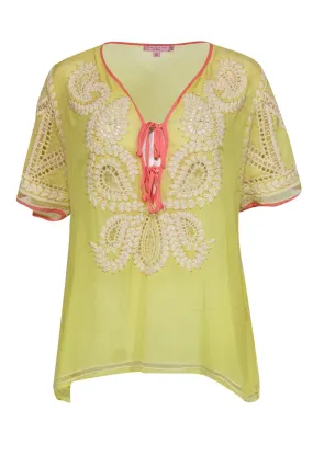 Calypso - Yellow & Coral Crepe Silk Tunic w/ Embroidery & Beading Sz XS