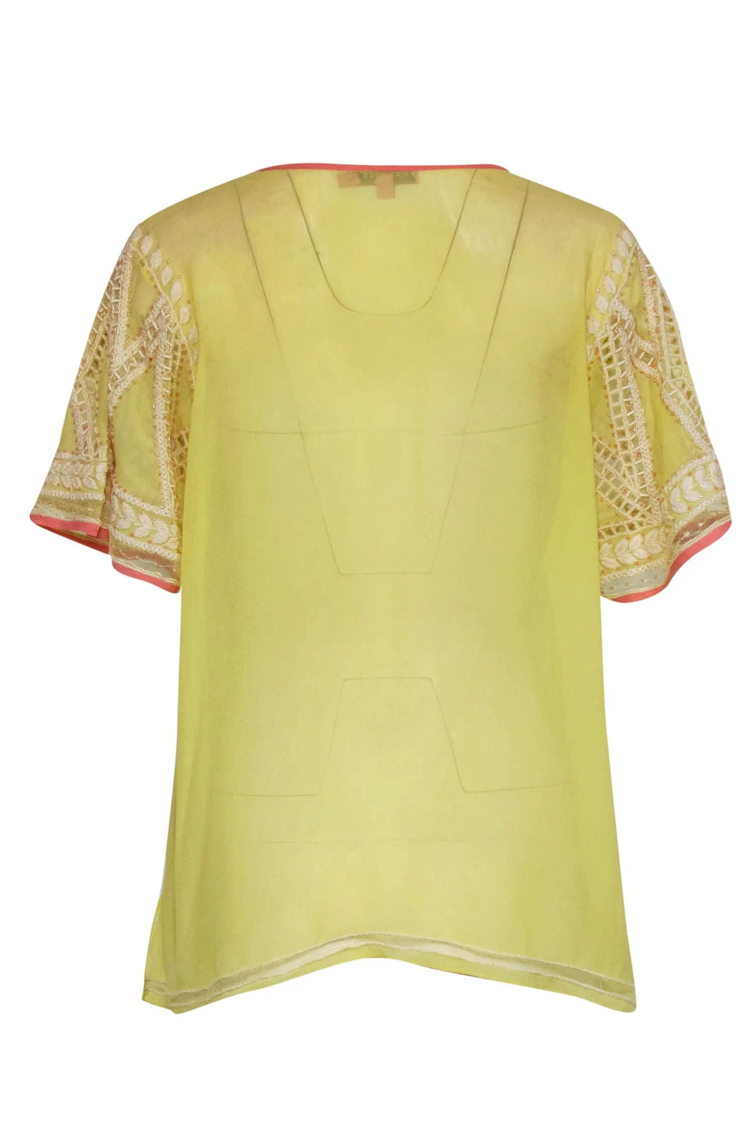 Calypso - Yellow & Coral Crepe Silk Tunic w/ Embroidery & Beading Sz XS