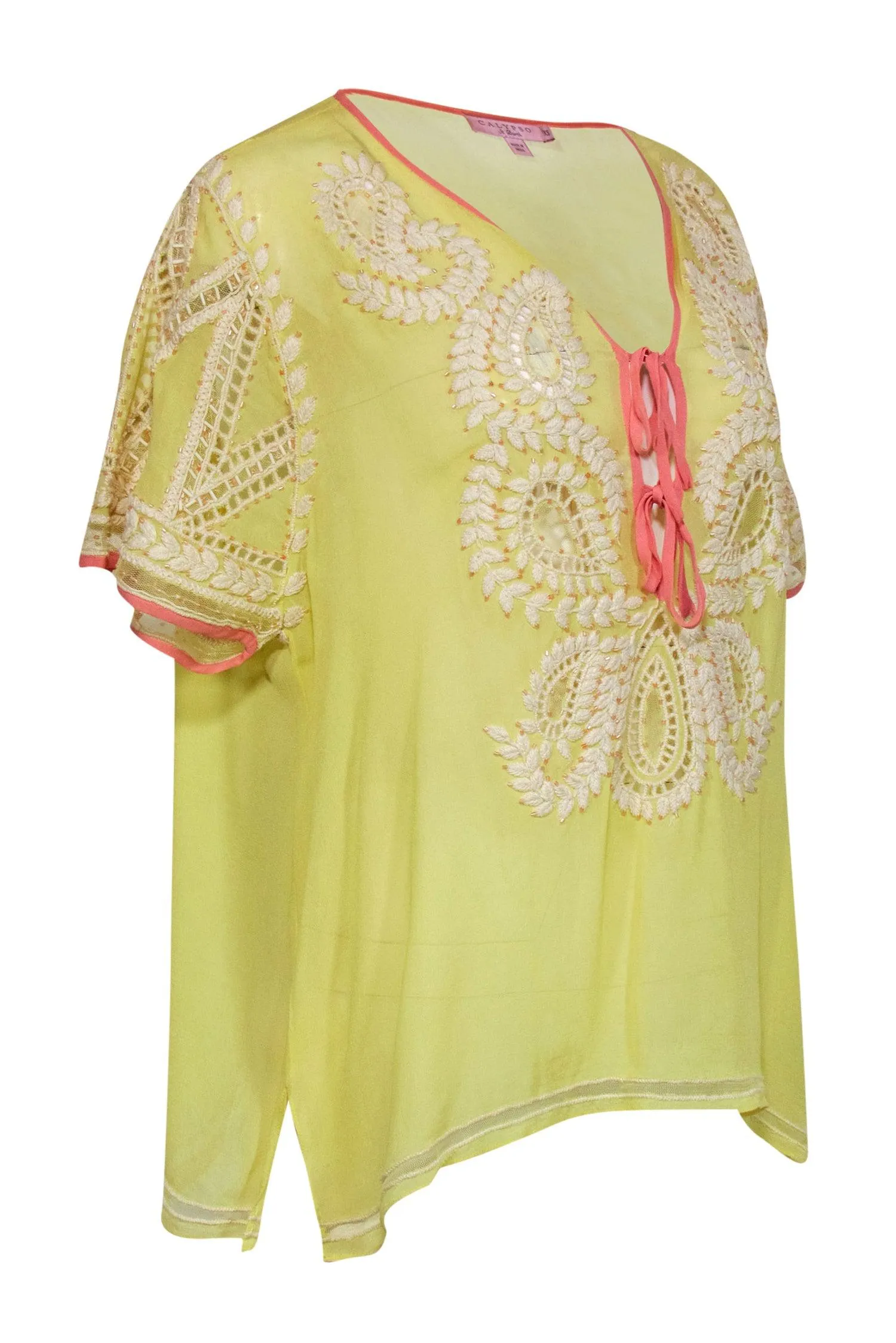 Calypso - Yellow & Coral Crepe Silk Tunic w/ Embroidery & Beading Sz XS