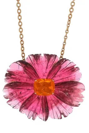 Carved Pink Tourmaline Tropical Flower Necklace