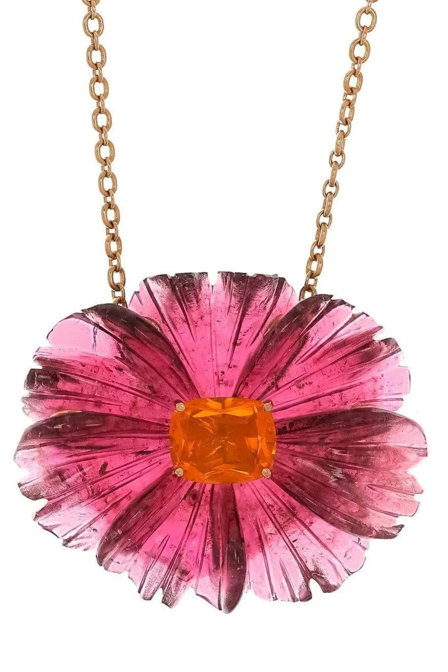 Carved Pink Tourmaline Tropical Flower Necklace