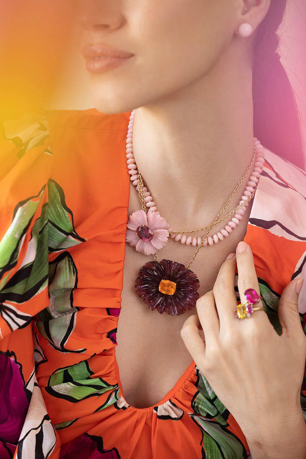 Carved Pink Tourmaline Tropical Flower Necklace