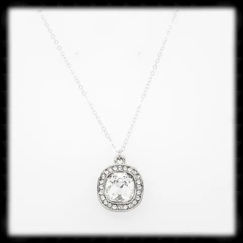 #CDCZ1- Sparkling Cz Cushion Necklace- Clear Silver