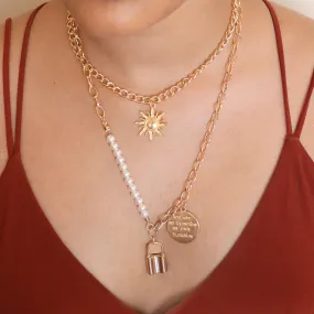 CHUNKY COIN & LOCK PENDANT CHAIN-LINK STATEMENT GOLD-TONED LAYERED NECKLACE