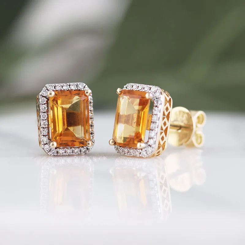 Citrine & Diamond Halo Stud Earrings