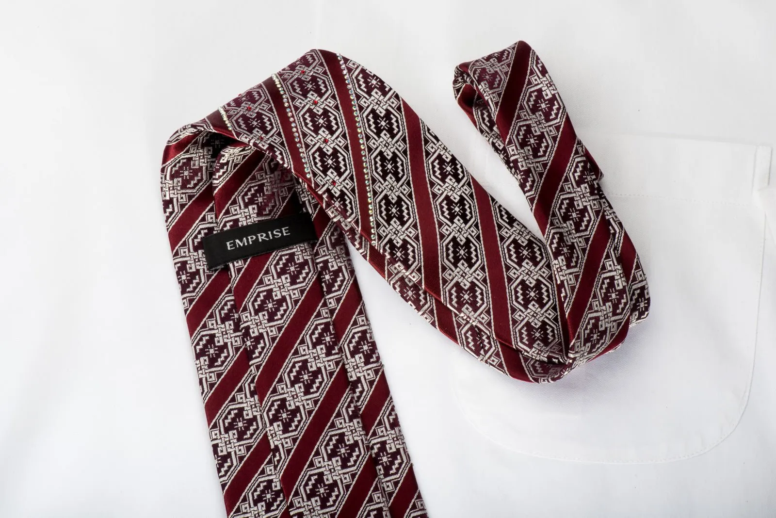 Emprise Silk Necktie Striped Rhinestones On Burgundy
