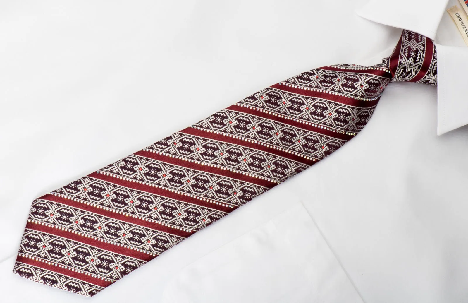 Emprise Silk Necktie Striped Rhinestones On Burgundy