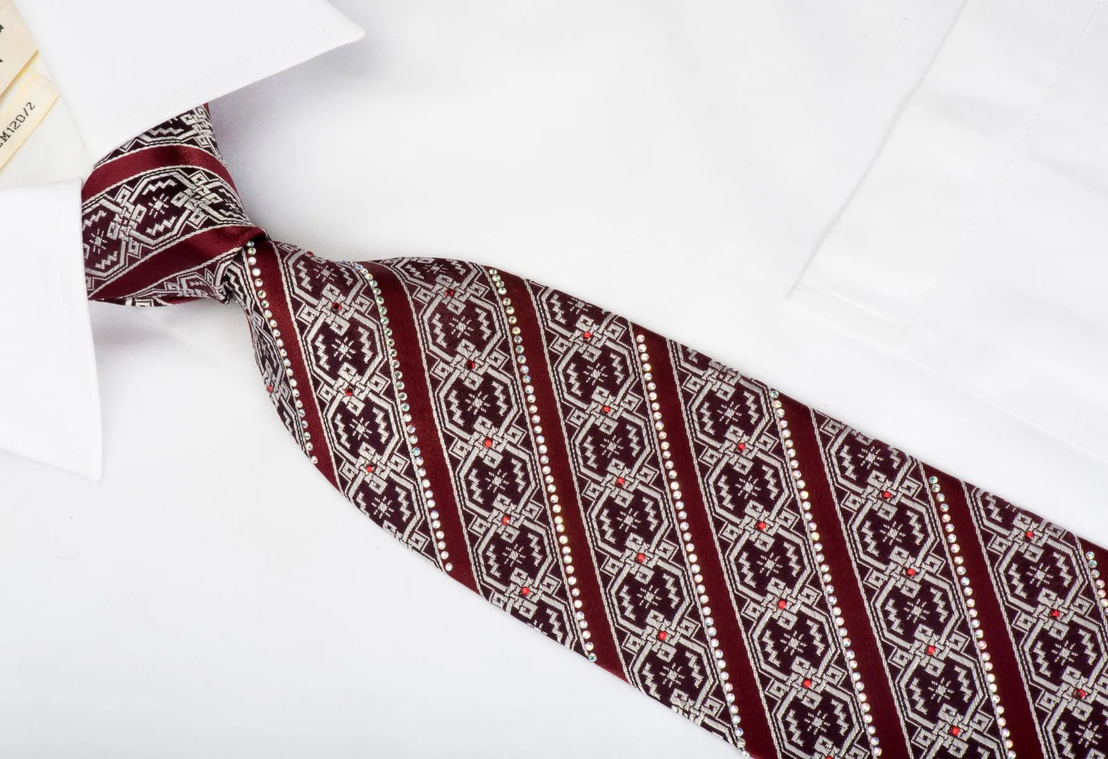 Emprise Silk Necktie Striped Rhinestones On Burgundy