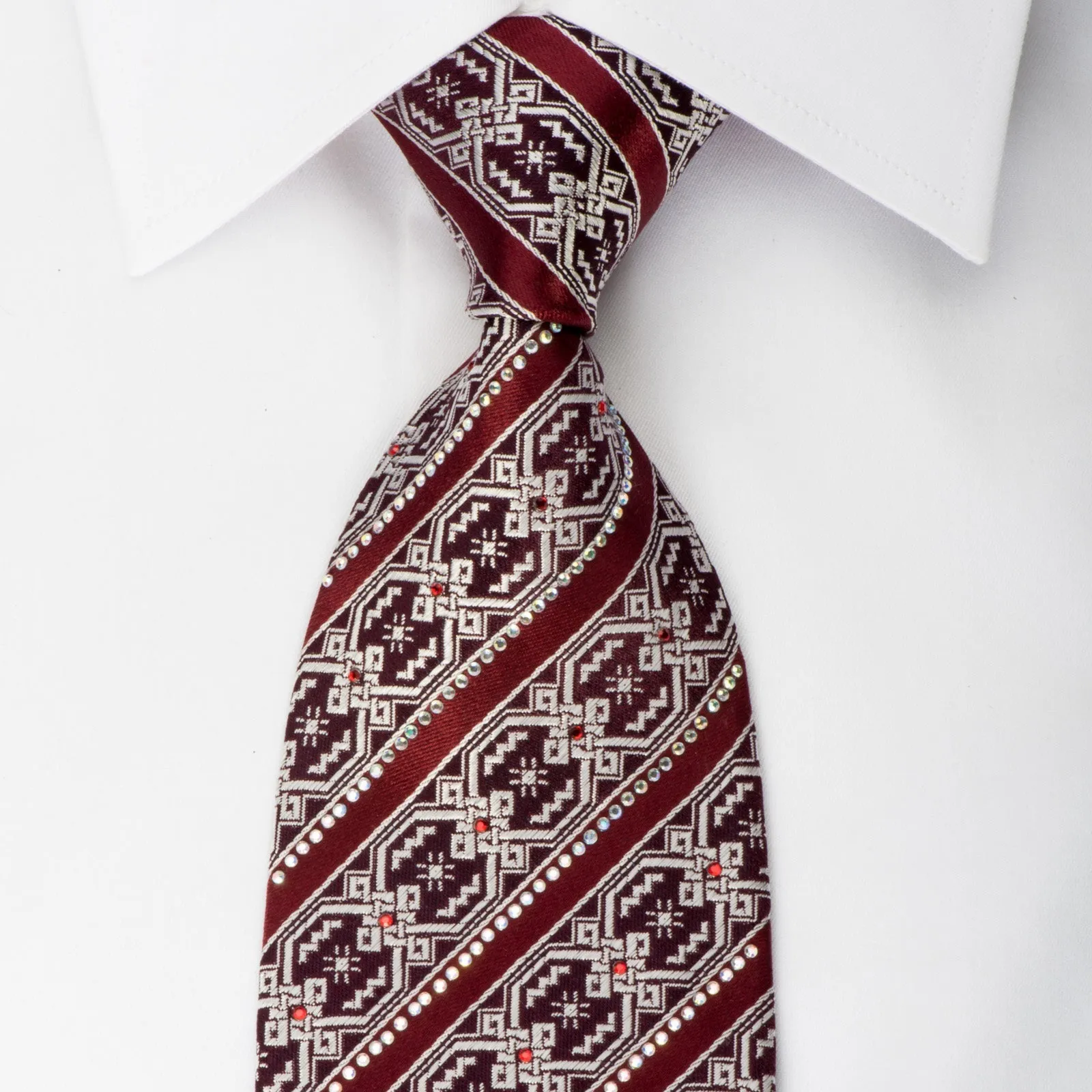 Emprise Silk Necktie Striped Rhinestones On Burgundy