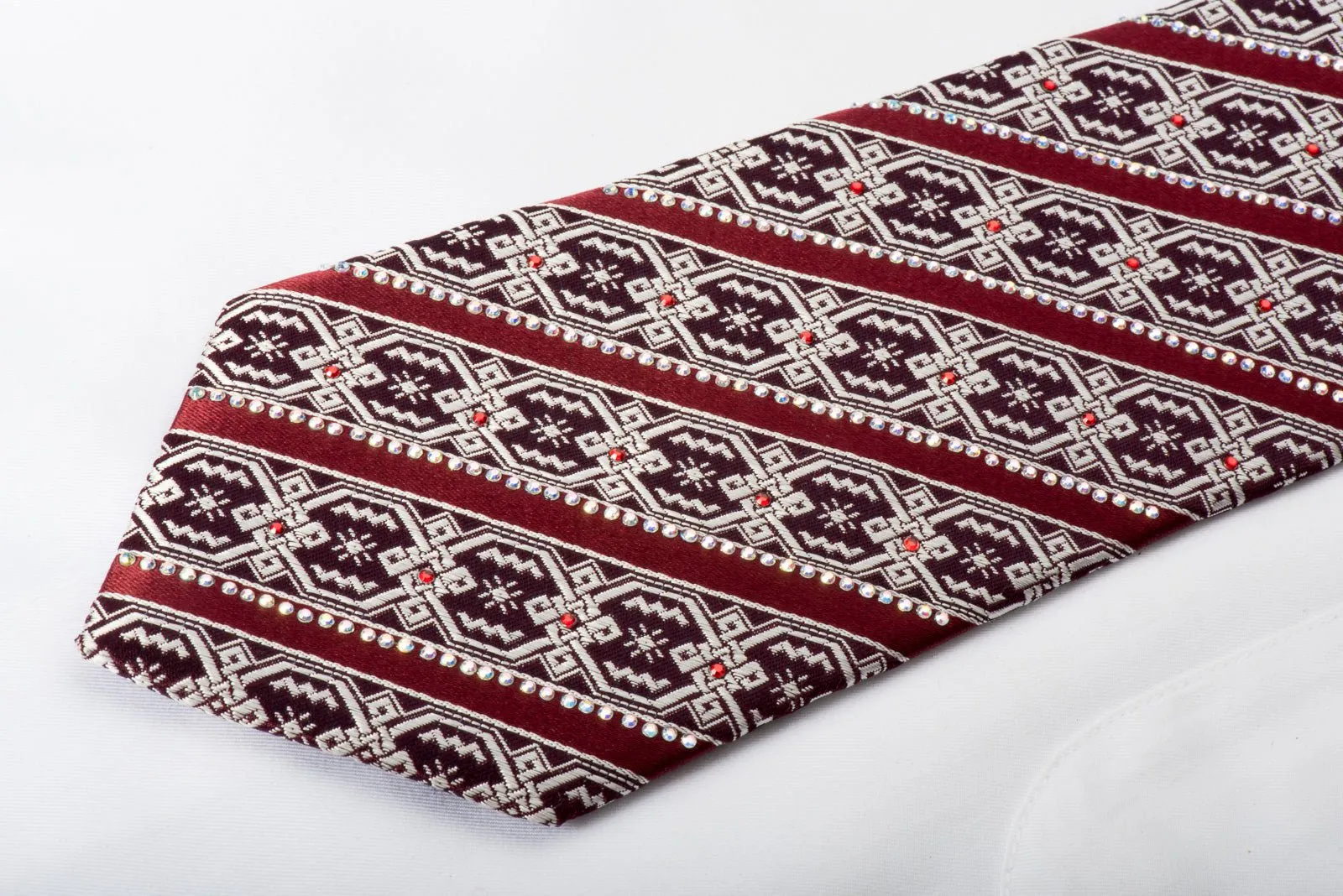 Emprise Silk Necktie Striped Rhinestones On Burgundy