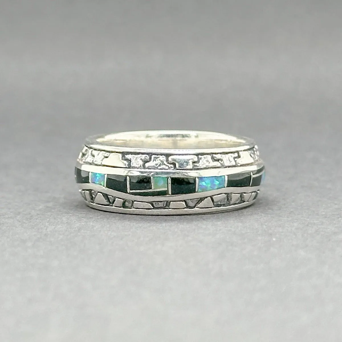 Estate GL Miller SS Opal & Onyx Inlay Ring
