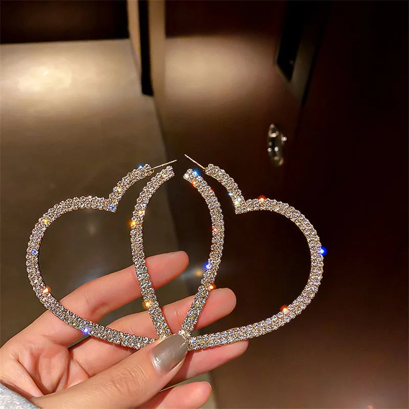 Fashion Big Heart Crystal Hoop Earrings for Women Bijoux Geometric Rhinestones Earrings