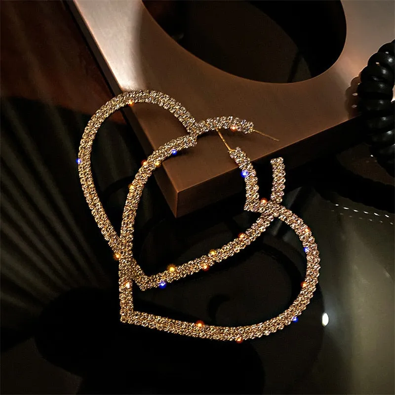 Fashion Big Heart Crystal Hoop Earrings for Women Bijoux Geometric Rhinestones Earrings