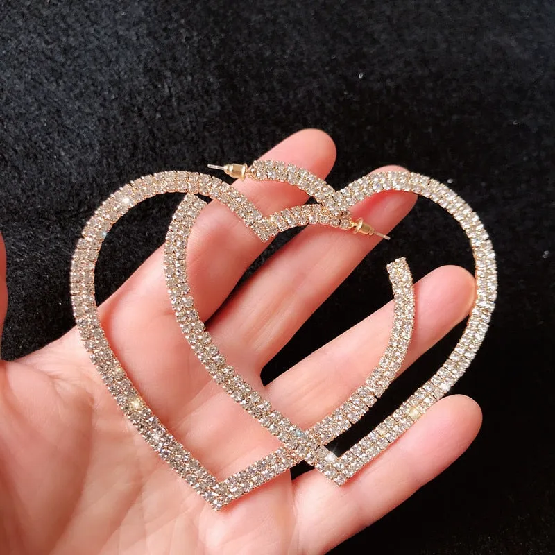 Fashion Big Heart Crystal Hoop Earrings for Women Bijoux Geometric Rhinestones Earrings