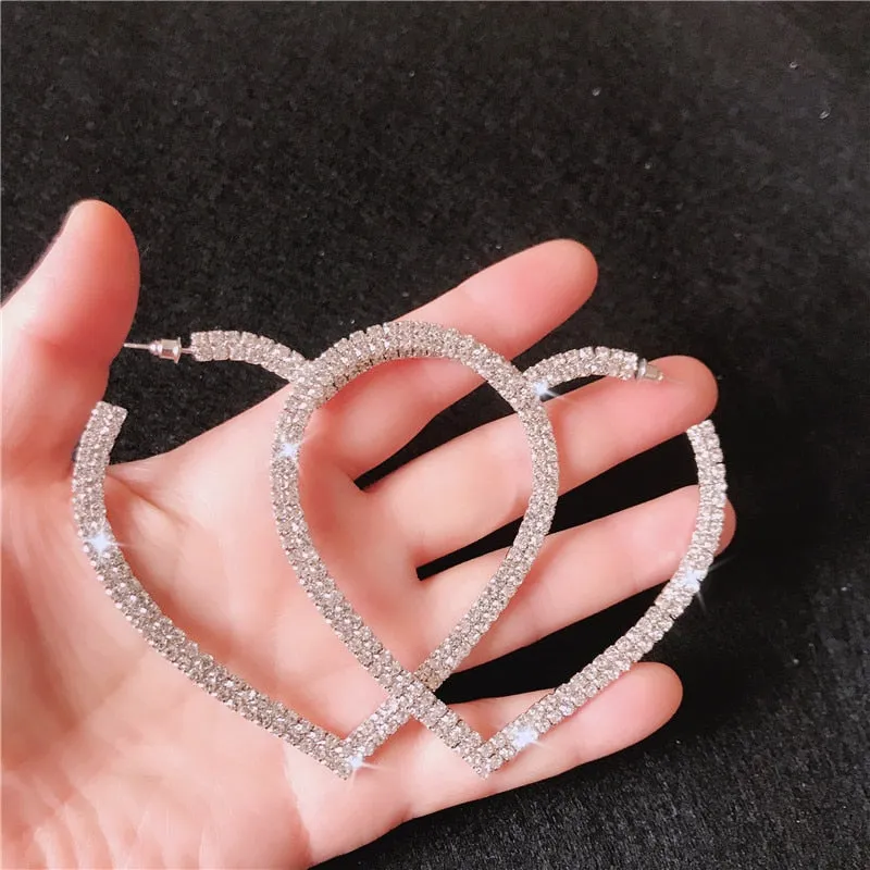 Fashion Big Heart Crystal Hoop Earrings for Women Bijoux Geometric Rhinestones Earrings