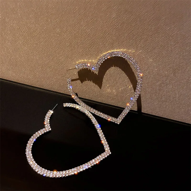 Fashion Big Heart Crystal Hoop Earrings for Women Bijoux Geometric Rhinestones Earrings