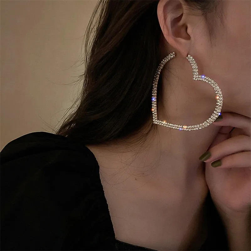 Fashion Big Heart Crystal Hoop Earrings for Women Bijoux Geometric Rhinestones Earrings