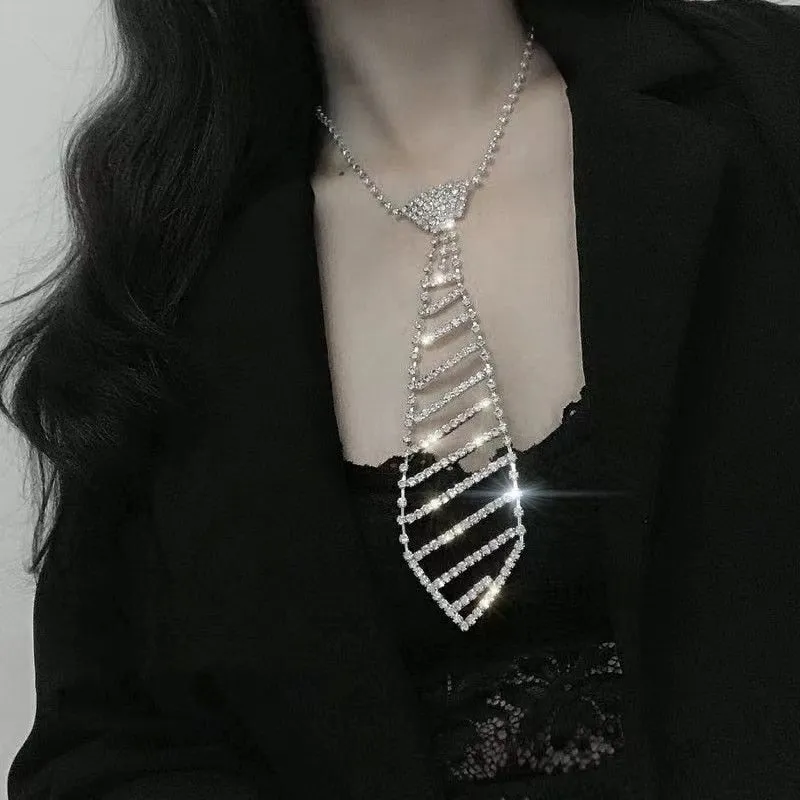 Fashion Luxury Women Shiny Rhinestone Long Necklace Tie Accessories Necklace
