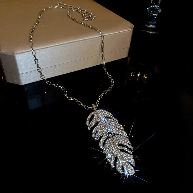 Fashion Sweater Chain Necklaces Long Necklace Rhinestone Feather Shape Pendant Necklaces