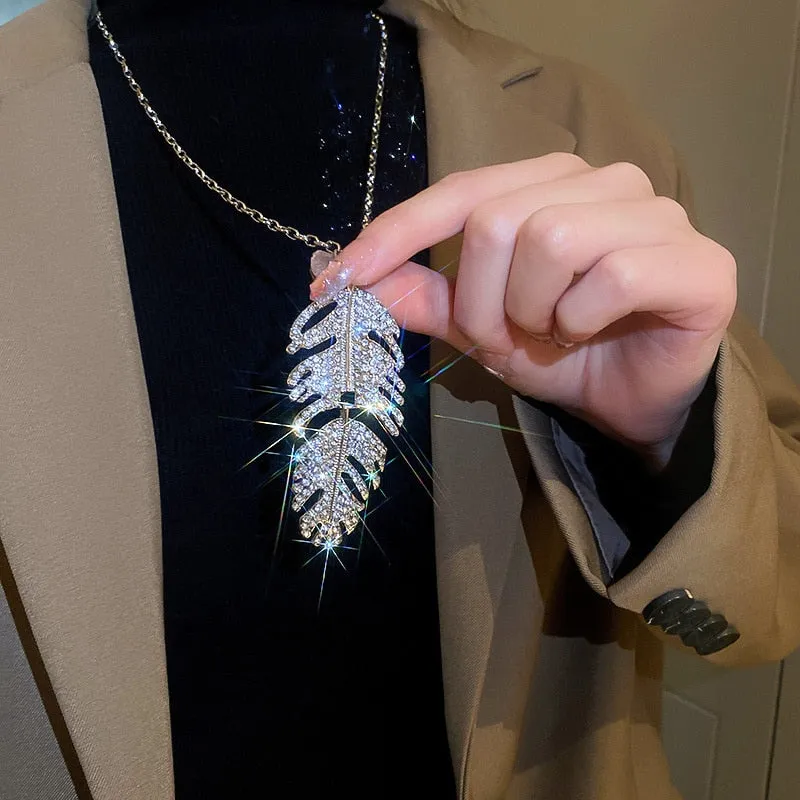 Fashion Sweater Chain Necklaces Long Necklace Rhinestone Feather Shape Pendant Necklaces