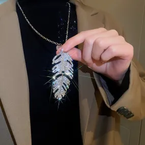 Fashion Sweater Chain Necklaces Long Necklace Rhinestone Feather Shape Pendant Necklaces