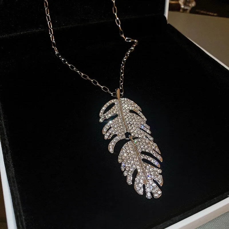 Fashion Sweater Chain Necklaces Long Necklace Rhinestone Feather Shape Pendant Necklaces