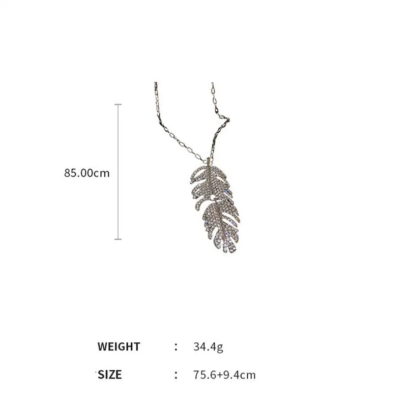 Fashion Sweater Chain Necklaces Long Necklace Rhinestone Feather Shape Pendant Necklaces