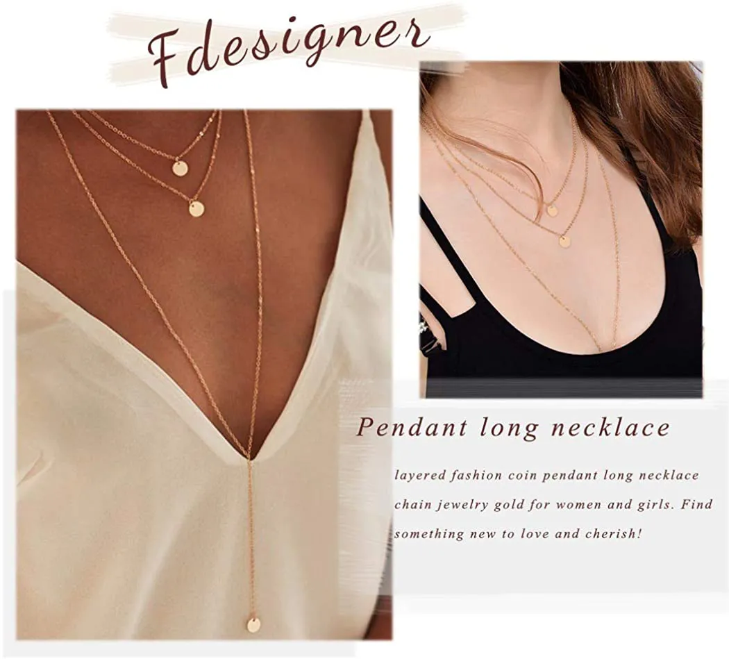 Fdesigner Fashion Layered Long Necklace Coin Pendant Necklaces Chain Charm Necklace Jewelry for Women and Girls