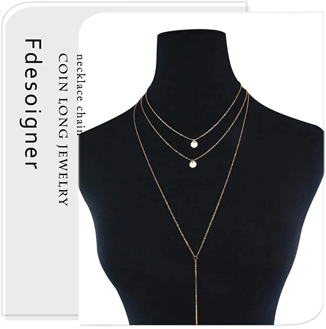 Fdesigner Fashion Layered Long Necklace Coin Pendant Necklaces Chain Charm Necklace Jewelry for Women and Girls