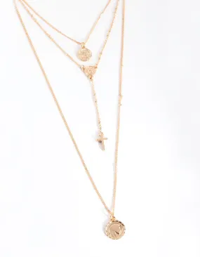Gold Cross & Pendant Multi Row Necklace