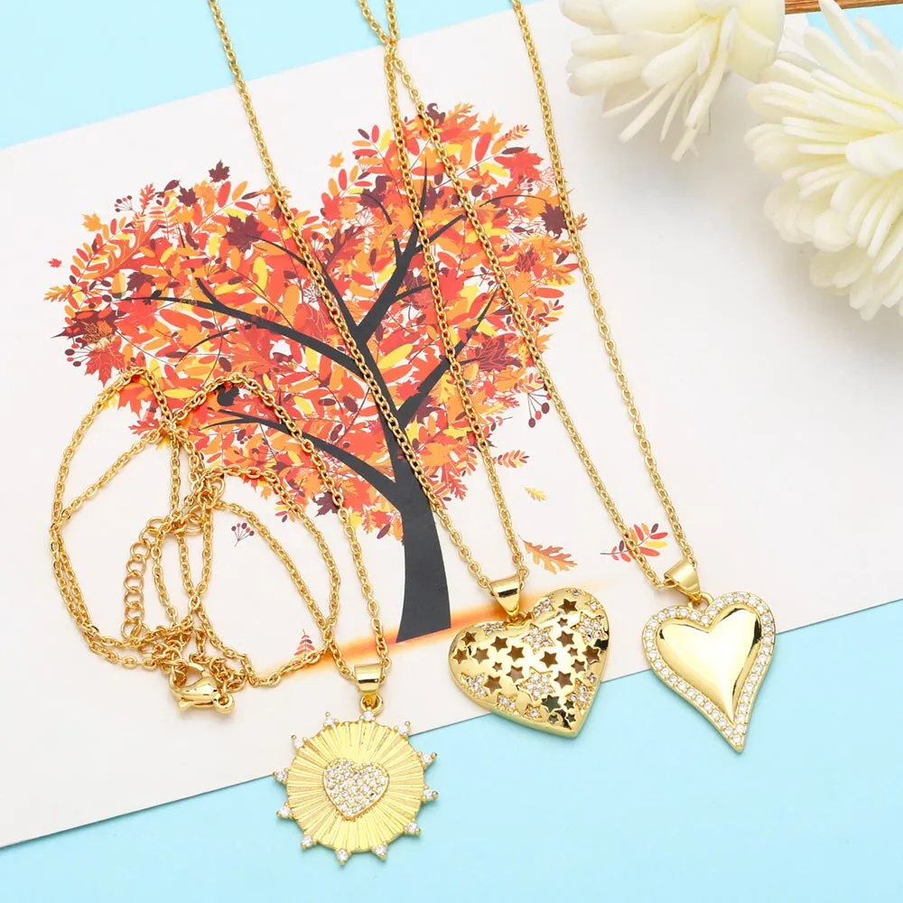 Gold Plated Love Heart Necklaces for Women Girls Copper CZ Rhinestone Heart Necklaces