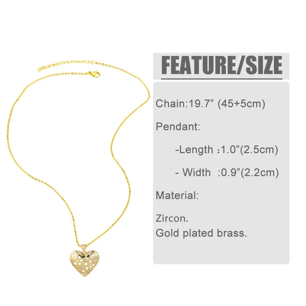 Gold Plated Love Heart Necklaces for Women Girls Copper CZ Rhinestone Heart Necklaces