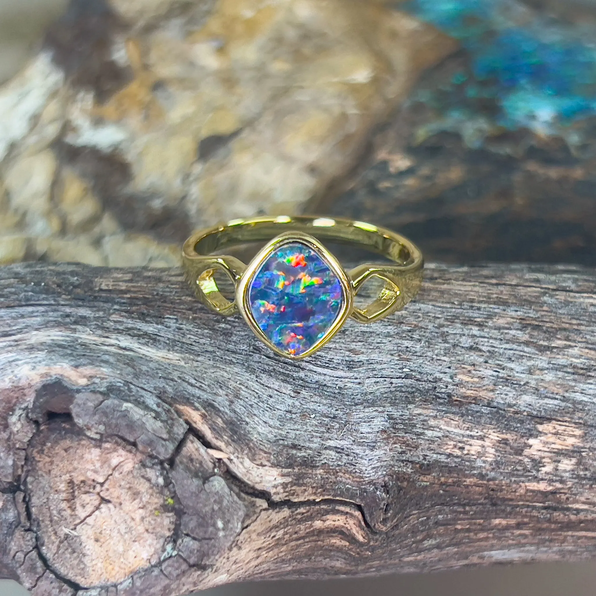 Gold plated sterling silver Opal doublet diamond shape ring
