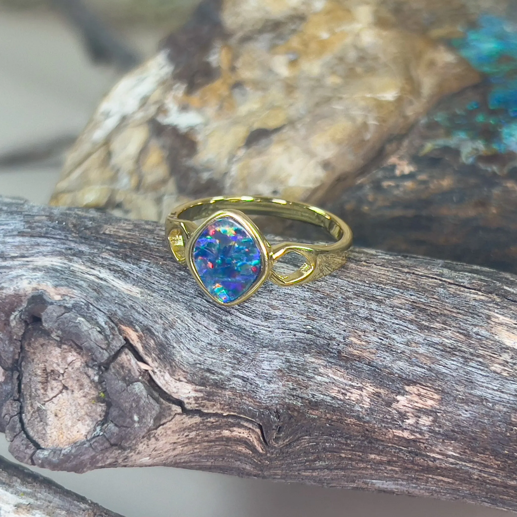 Gold plated sterling silver Opal doublet diamond shape ring