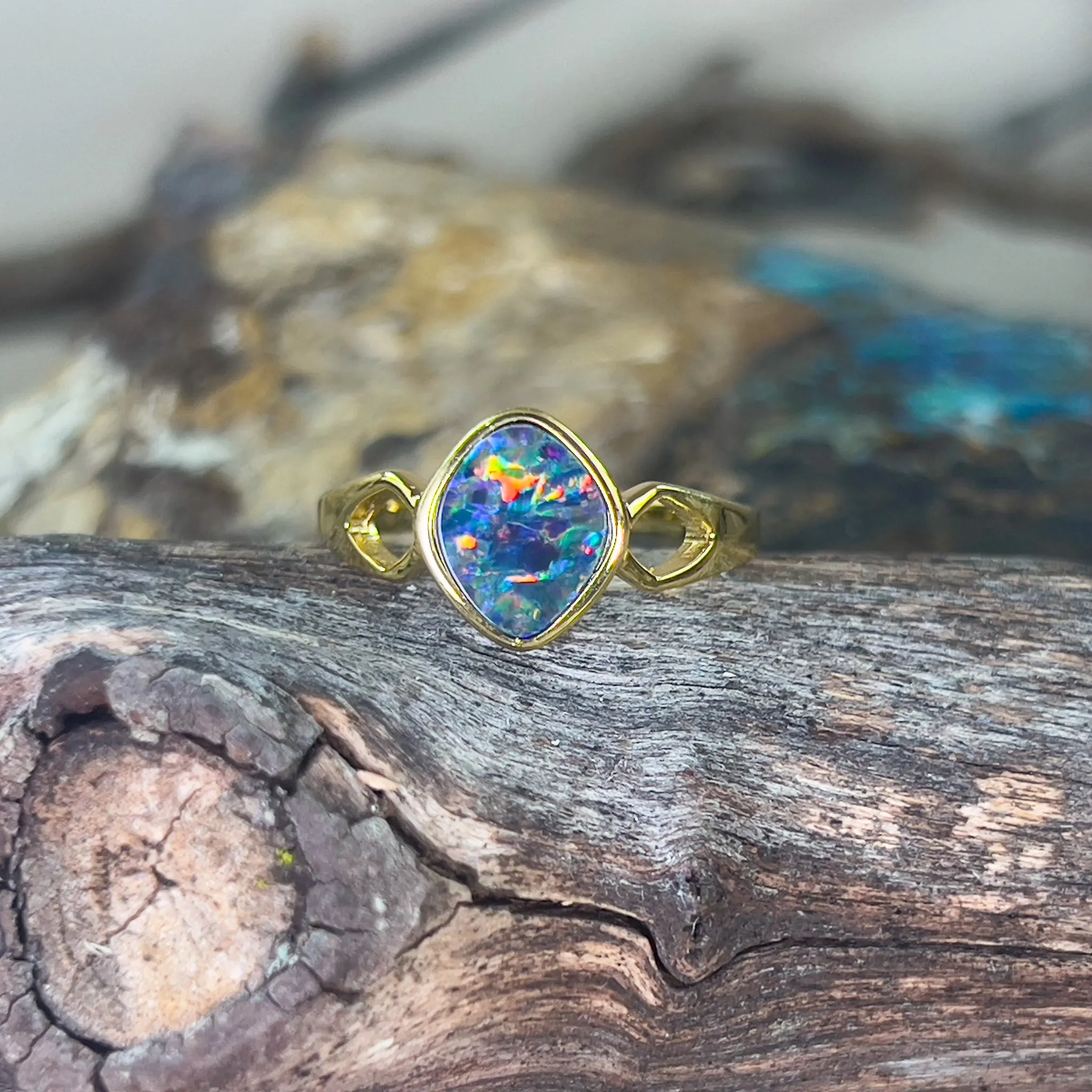 Gold plated sterling silver Opal doublet diamond shape ring