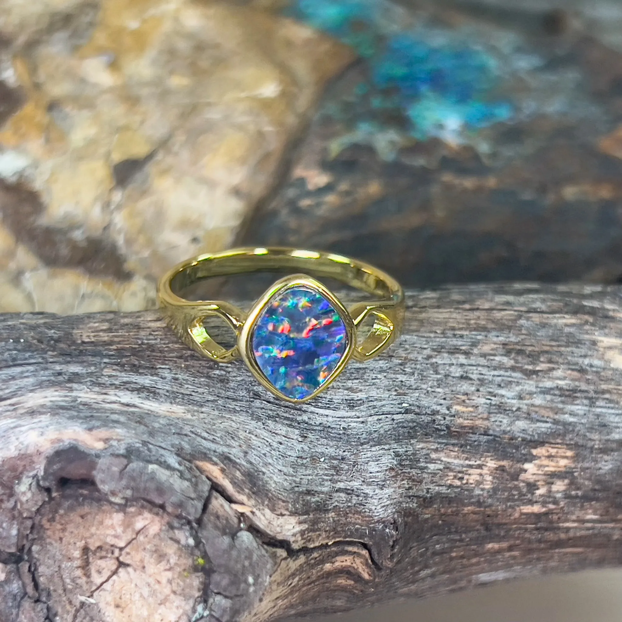 Gold plated sterling silver Opal doublet diamond shape ring