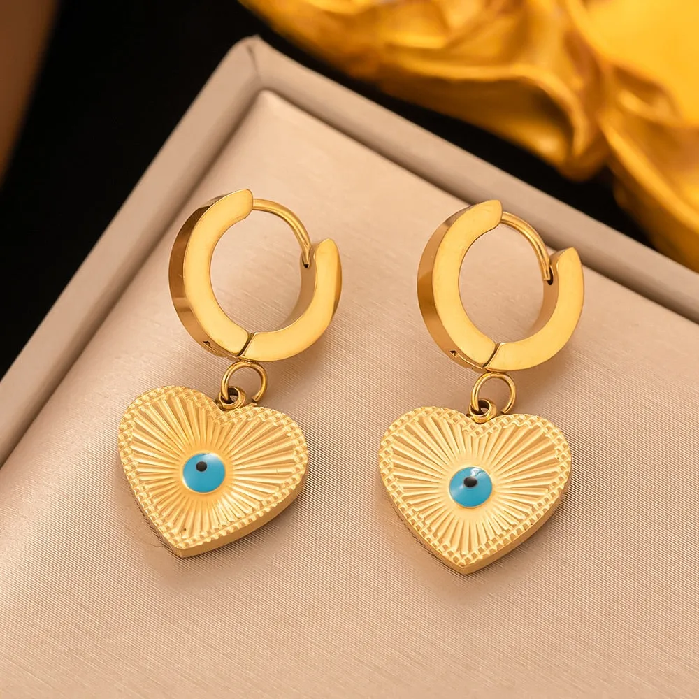 Gold Plated Vintage Punk Turkey Blue Evil Eyes Round Hoop Earrings For Women