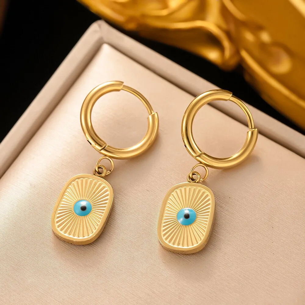 Gold Plated Vintage Punk Turkey Blue Evil Eyes Round Hoop Earrings For Women