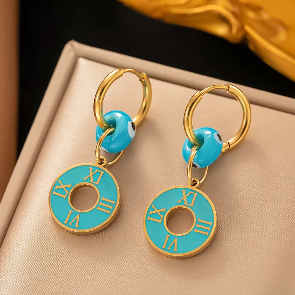 Gold Plated Vintage Punk Turkey Blue Evil Eyes Round Hoop Earrings For Women
