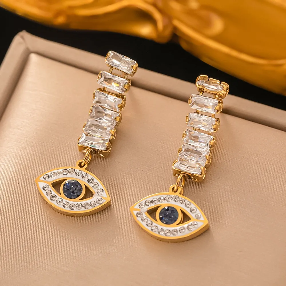 Gold Plated Vintage Punk Turkey Blue Evil Eyes Round Hoop Earrings For Women