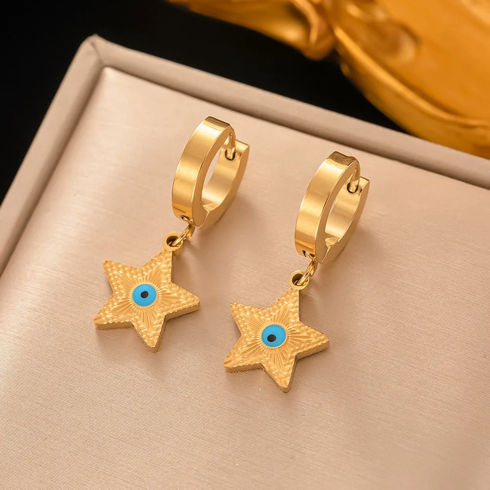 Gold Plated Vintage Punk Turkey Blue Evil Eyes Round Hoop Earrings For Women