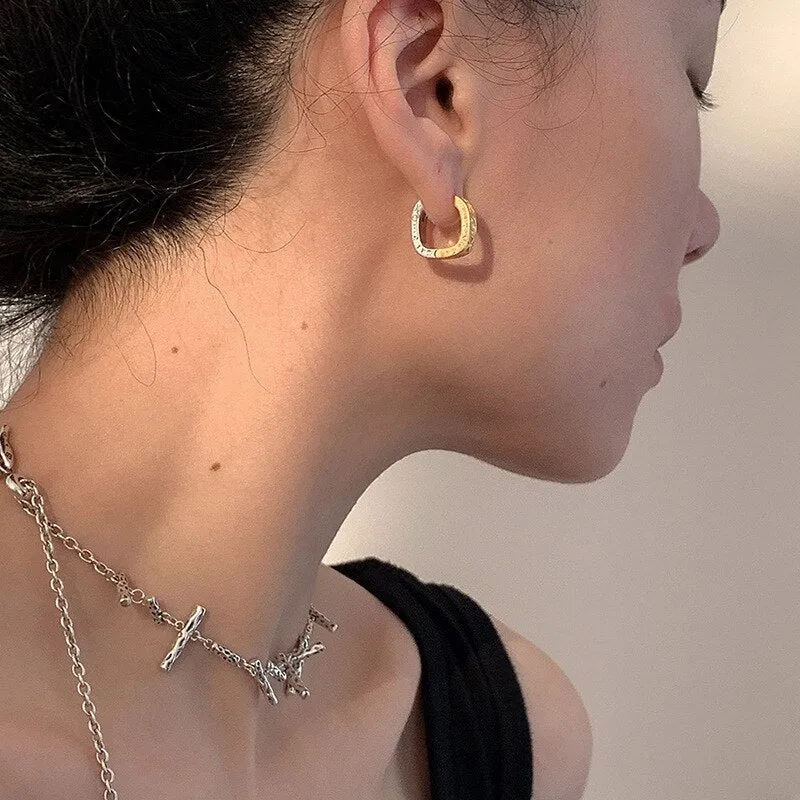 Gold Silver Color Hollow Geometric Square Letter Smile Hoop Earrings For Women