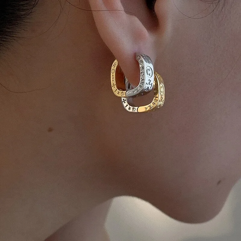 Gold Silver Color Hollow Geometric Square Letter Smile Hoop Earrings For Women