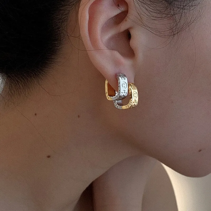 Gold Silver Color Hollow Geometric Square Letter Smile Hoop Earrings For Women