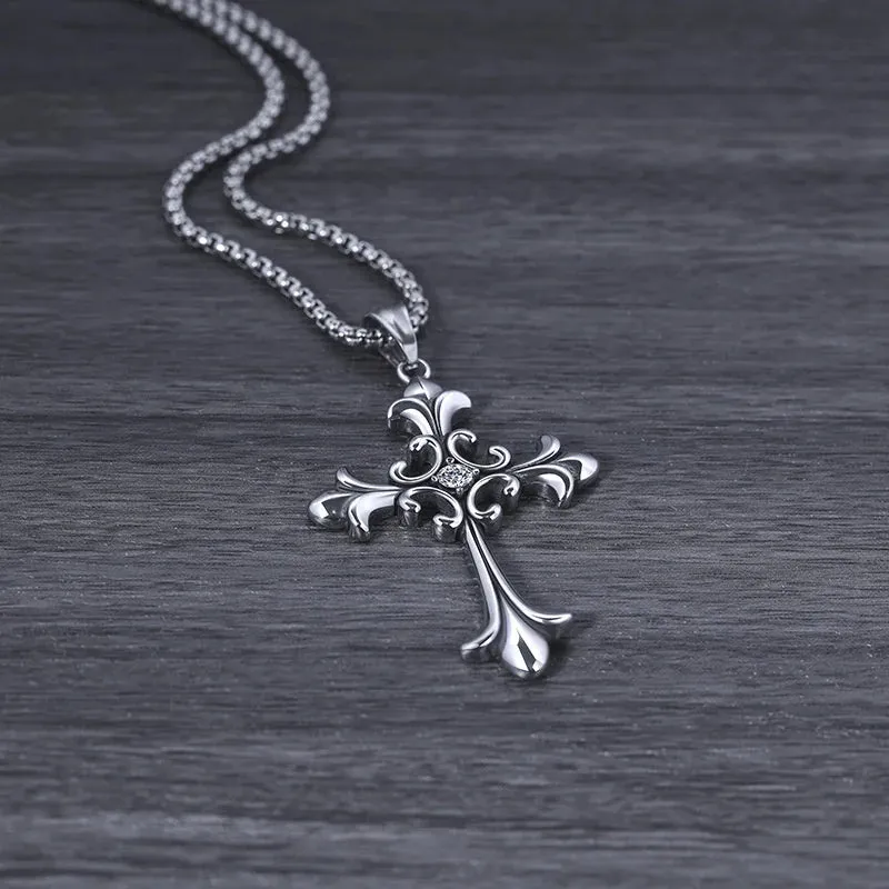 Gothic Retro Rhinestone Cross Pendant Necklace – Unisex Stainless Steel Fashion Accessory