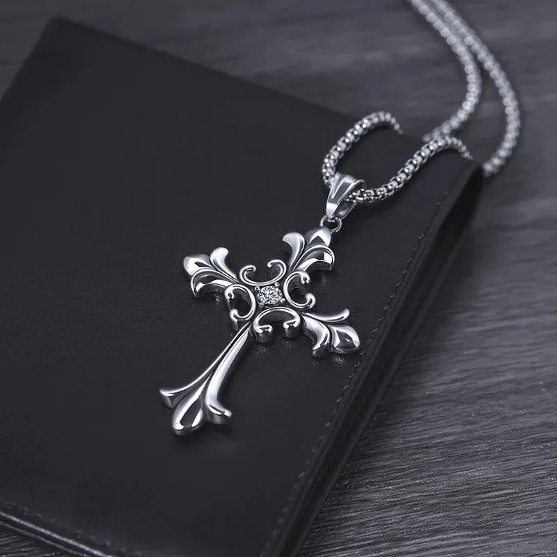 Gothic Retro Rhinestone Cross Pendant Necklace – Unisex Stainless Steel Fashion Accessory
