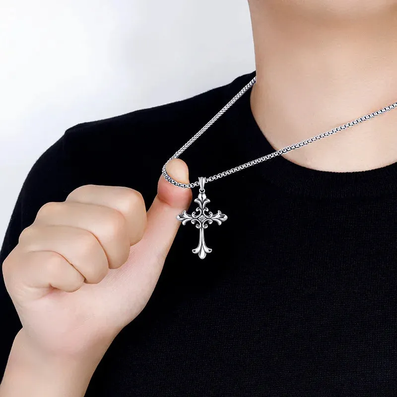 Gothic Retro Rhinestone Cross Pendant Necklace – Unisex Stainless Steel Fashion Accessory