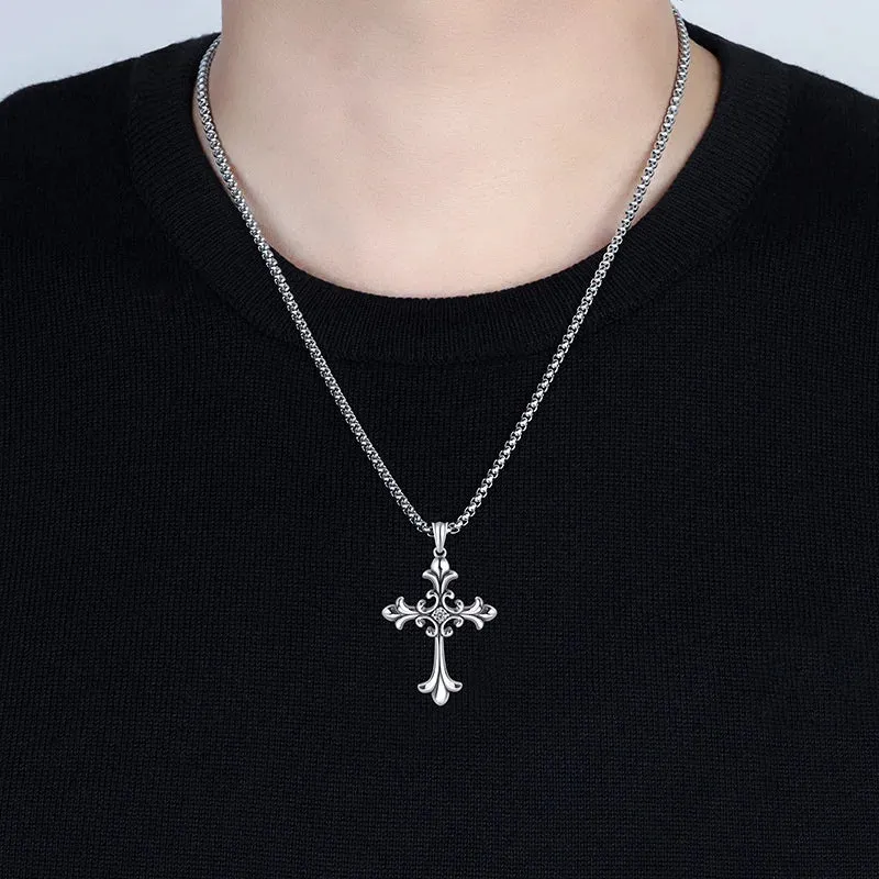 Gothic Retro Rhinestone Cross Pendant Necklace – Unisex Stainless Steel Fashion Accessory